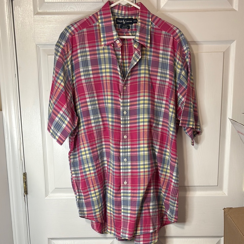 Ralph Lauren Red and Blue Casual Button Down Shirt Sz XL Pit